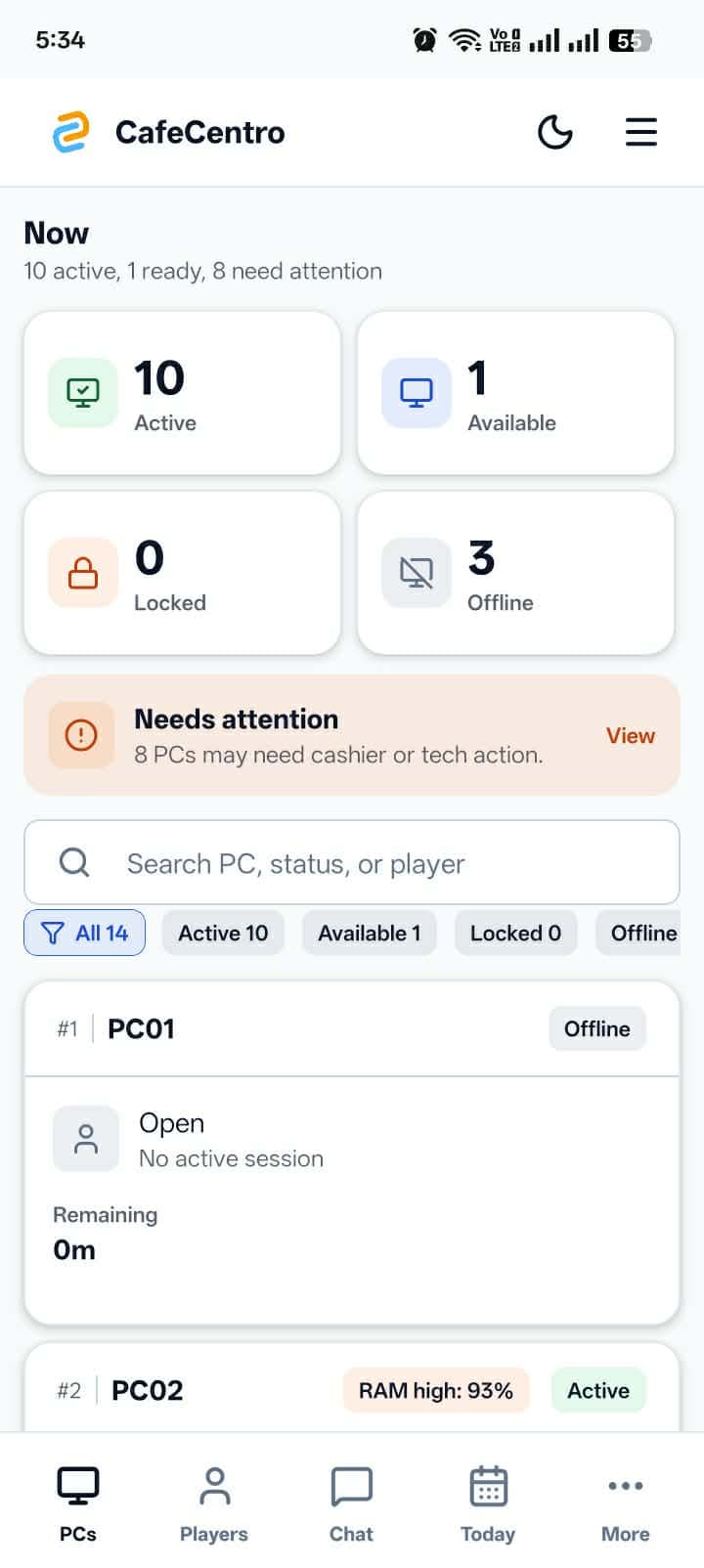 CafeCentro mobile app showing PC status, alerts, search, filters, and bottom navigation